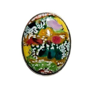 Colorful Abstract Oval Enamel Pin Brooch with Silver-Tone Backing 2" x 1.5"
